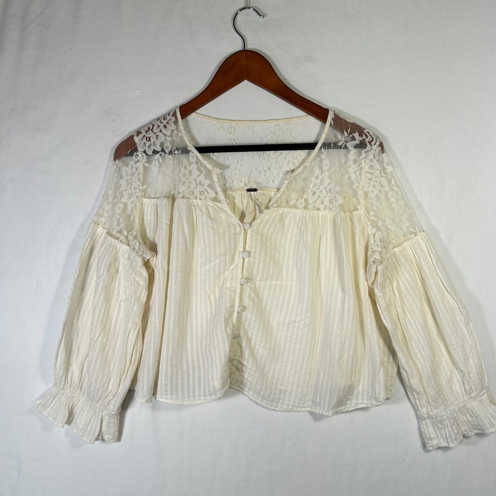 Free People Cream Lace Yoke Button Front Boho Blouse Crop Top Small